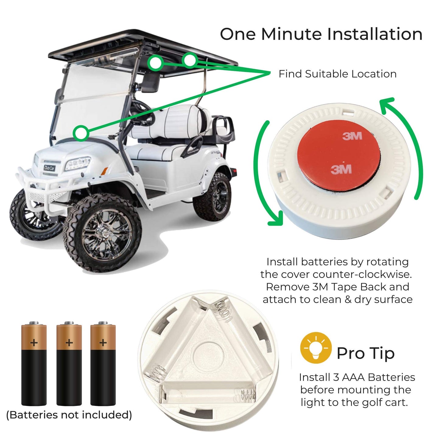 2-Pk Universal Golf Cart Roof Stick On Anywhere One Touch LED Light fits Club Car, Onward, Precedent, EZGO, Yamaha, Garia carts, AAA Battery Powered Puck Designed for Golf cart use, Great Golf Gifts