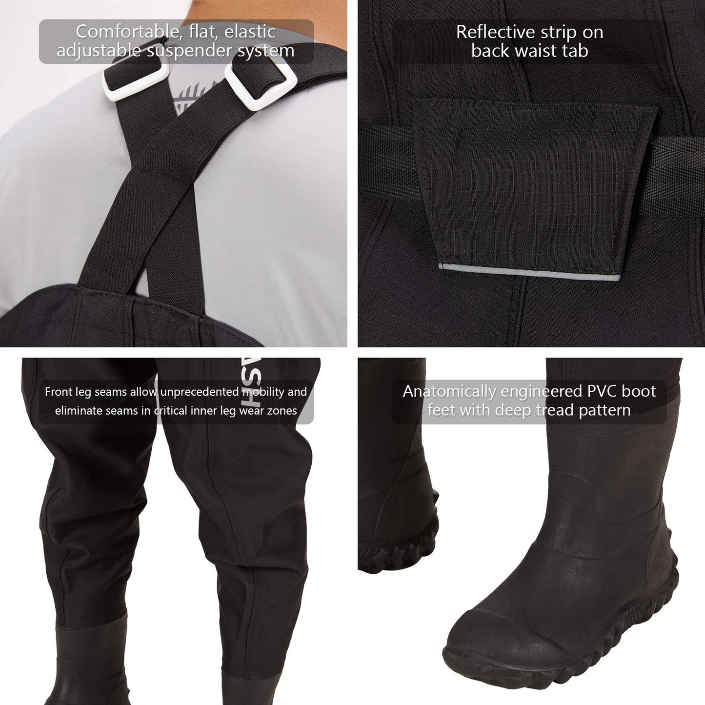 BASSDASH 3D Boot Foot Game Wader Ultra High Strength Black Plaid Nylon PVC Fishing Hunting Chest Waders for Men