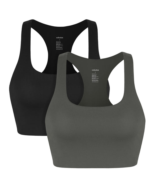 ODODOS 2-Pack Racerback Sports Bra for Women Yoga Tank Sleeveless Fitness Workout Crop Tops, Black+Charcoal, Small