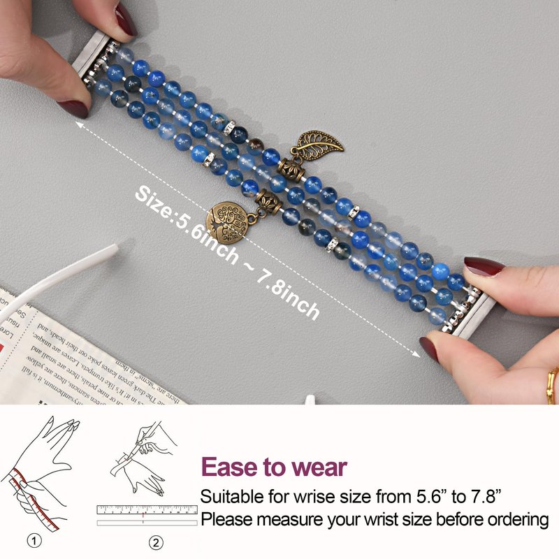 AWSMOR Beaded Band Compatible with Fitbit Versa 4/Versa 3 Bands/Fitbit Sense 2/Sense Bands for Women, Handmade Crystal Beads Stretchy Watch Bracelet for Versa 4 （Blue Agate)