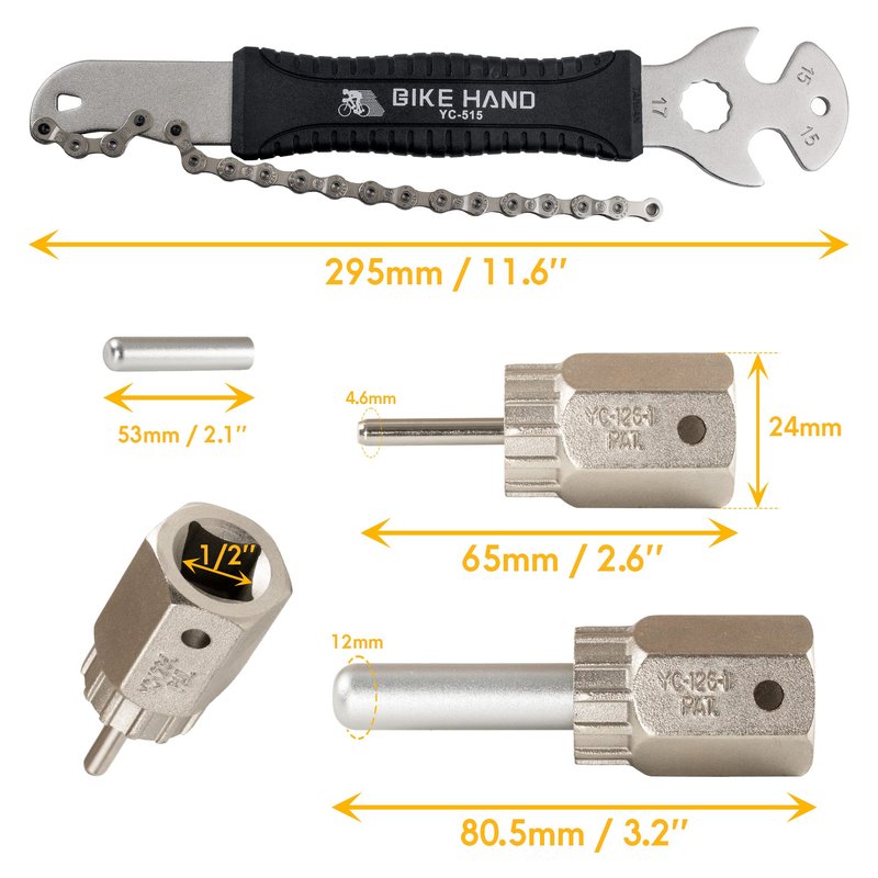 BIKEHAND 2 in 1 Bicycle Cassette Removal Installation Tool Kit with 15mm Pedal Wrench - Chain Whip and Lockring Tool with Detachable 12mm Guide Pin- Compatible with Shimano Sram HG System 7-12 Speed