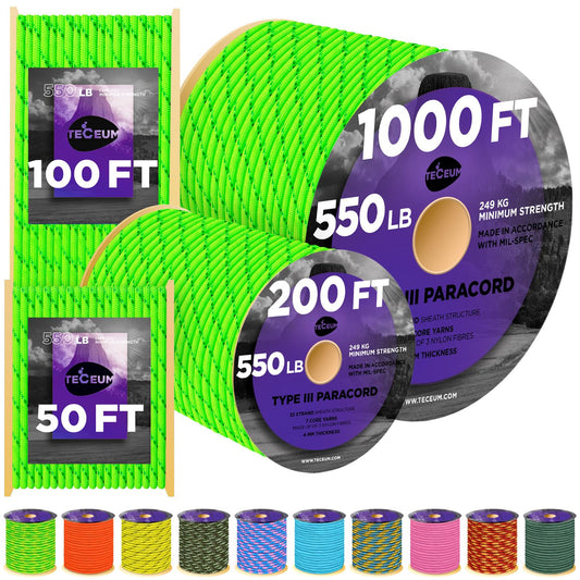 TECEUM Paracord Type III 550 Reflective Neon Green – 50 ft – Tactical Rope MIL-SPEC – Outdoor para Cord –Camping Hiking Fishing Gear and Equipment – EDC Parachute Cord – Strong Survival Rope 462rf