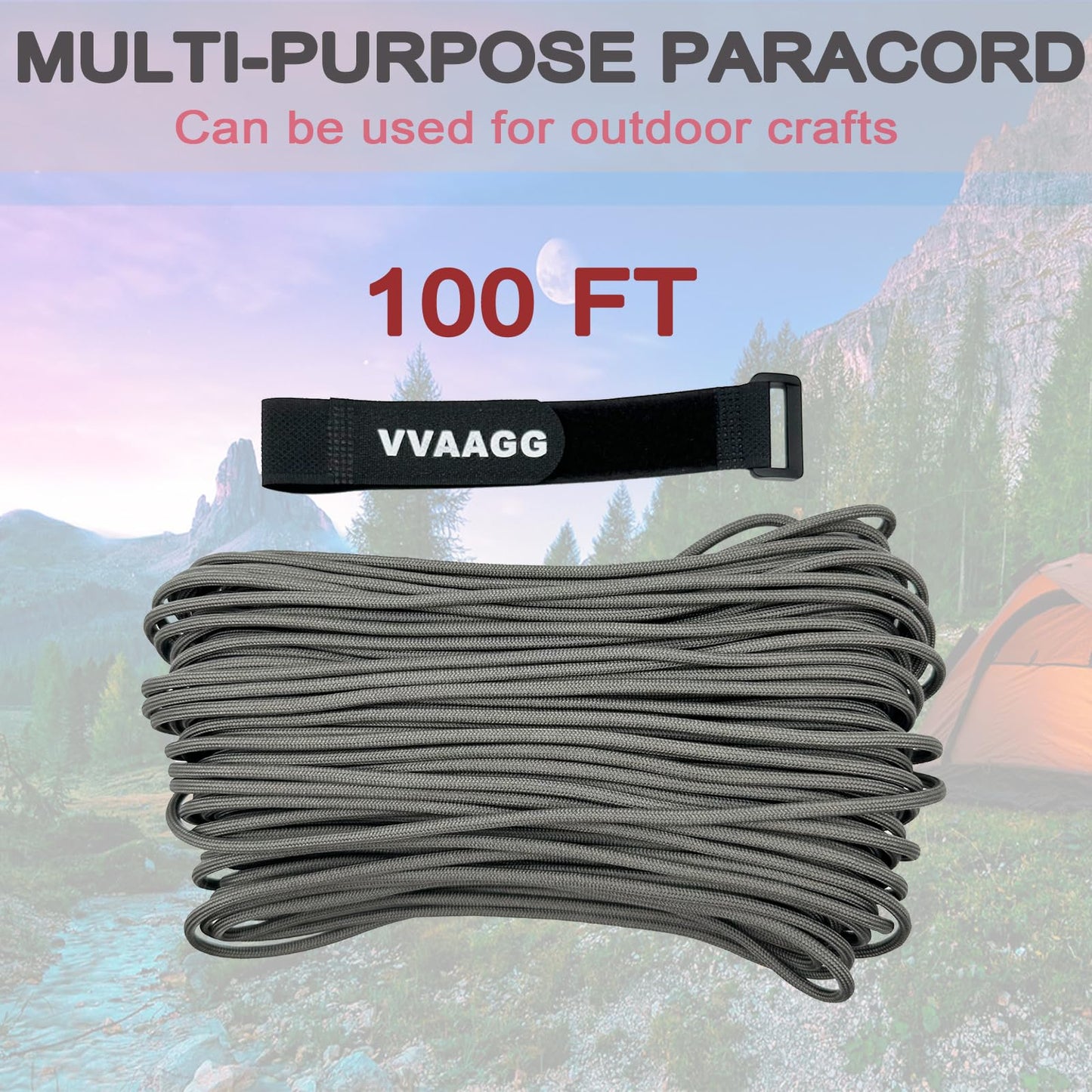 VVAAGG 550 Paracord 100FT, Heavy-Duty Strong Rope Parachute Cord, Outdoor Camping Gear Tent Rope, Gray