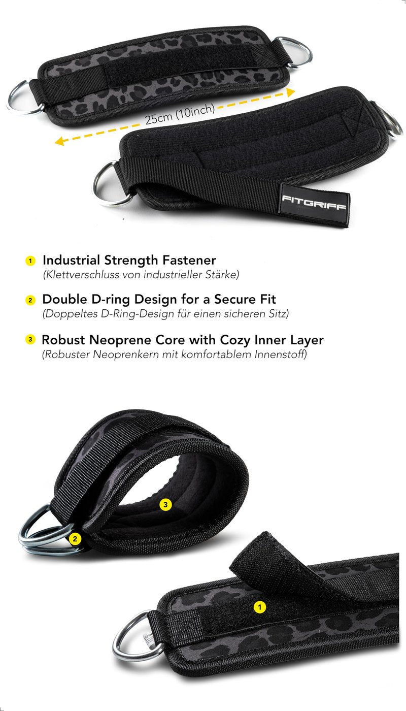 Fitgriff® Ankle Straps V1 for Cable Machine (2 Pieces) - Gym Workout Equipment - Leg Pulley Attachment, Kickback Straps (Leopard)