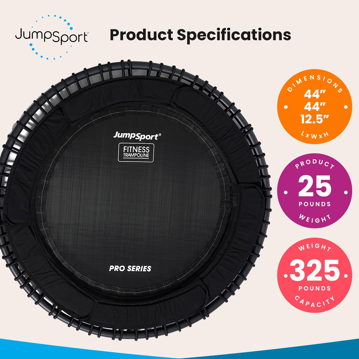 JumpSport 570 PRO Silent Steel Indoor Heavy Duty Lightweight Large 44 Inch Diameter Fitness Trampoline with 7 Adjustable Tension Settings, Black.