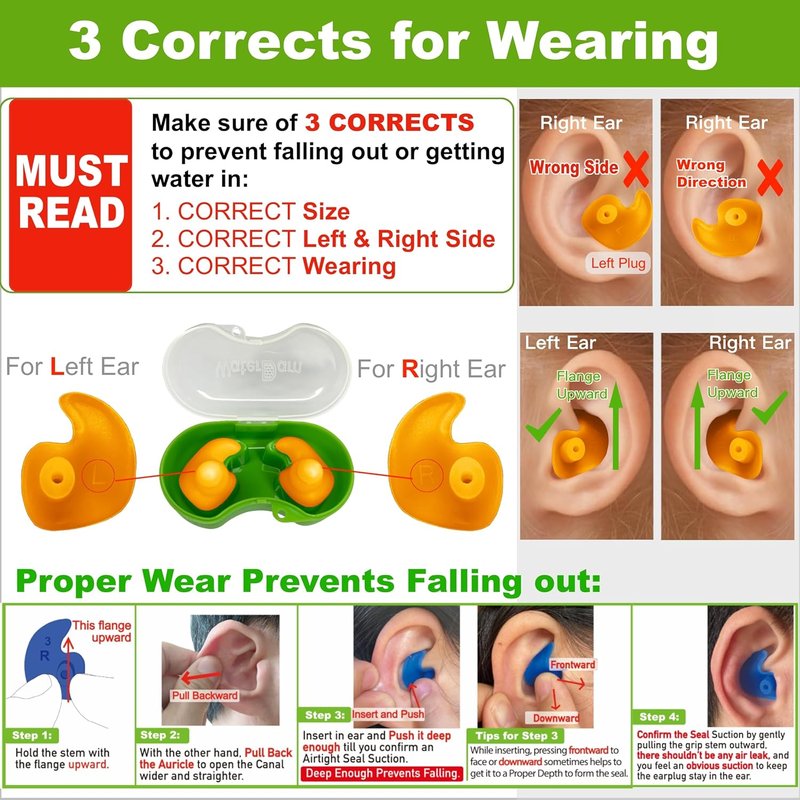 WaterDam Swimming Ear Plugs - Waterproof Earplugs for Swimmer's Ear Prevention | Kids & Teens (Size 2: 6-14yrs) - Green, Orange, Pink