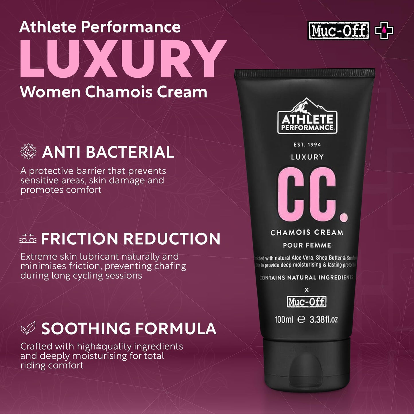 Muc-Off Luxury Chamois Cream Cycling Women, 100ml - Extreme Skin Lubricant - pH Balanced & Deeply Moisturizing | Ideal for Long Rides