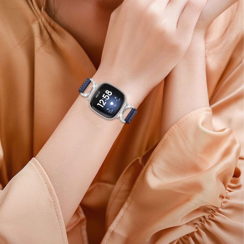 FitTurn Compatible with Fitbit Sense 2/Fitbit Versa 4 3 Bands for Women Men, Soft Genuine Leather Band Slim Strap Replacement Accessory Wristband + Metal rhinestone Adapter (Blue)