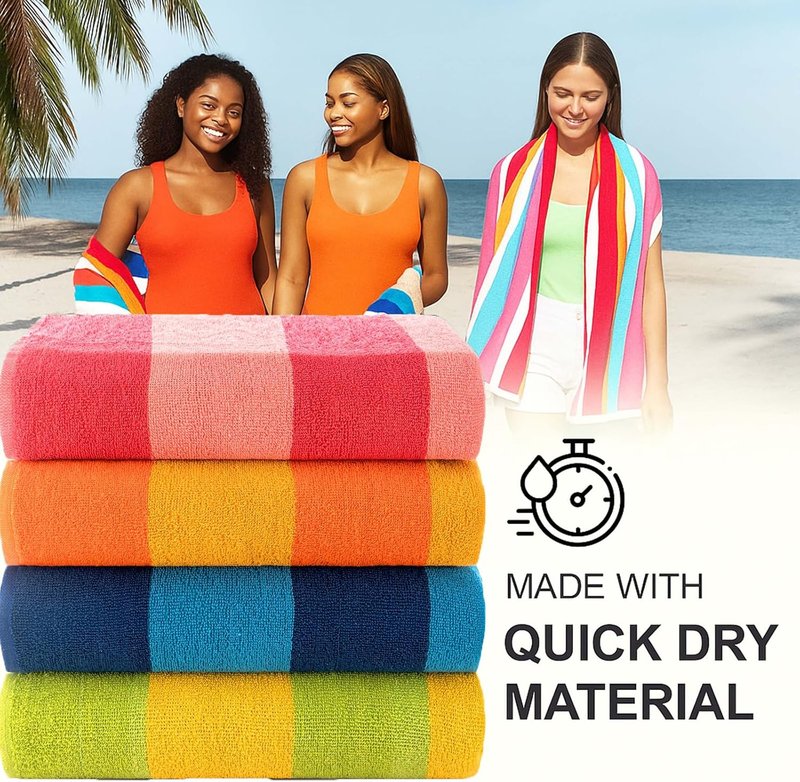 Malibu Beach Towel Set - 4 Oversized 100% Cotton Designer Stripe Towels | Orange, Blue, Pink, Green - Perfect Summer Gift