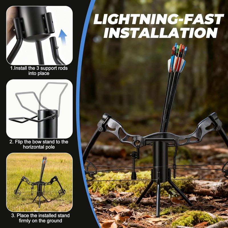 Foldable Portable Bow Stand - Quiver Holds 30-40 Arrows | Ground Holder for Traditional Longbows & Compound Bows