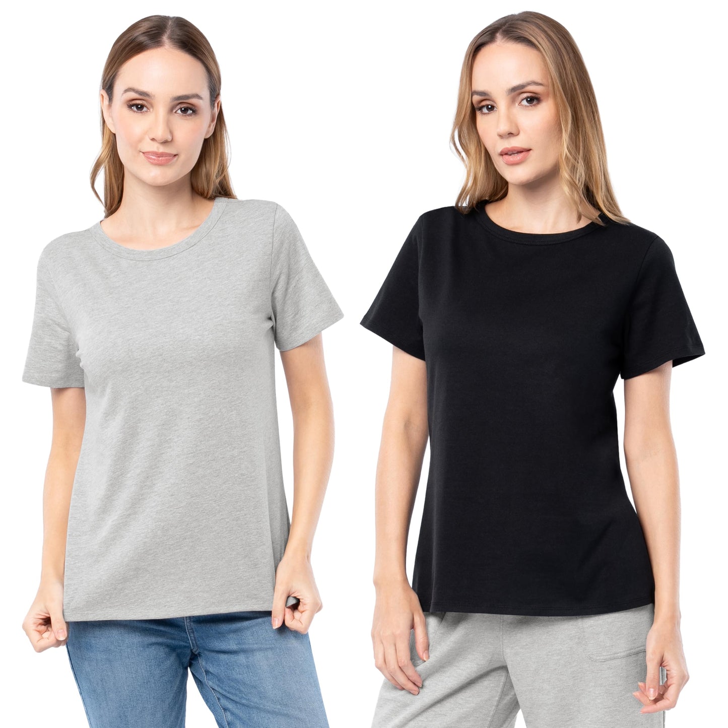 Fruit of the Loom Women's Short Sleeve Crew Neck T-Shirt, 2 Pack, Grey Heather/Black, Large