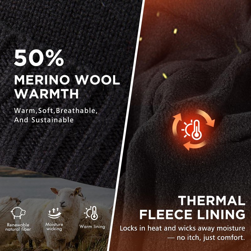 TOP-EX Waterproof Fleece Lined Beanies Hats with Brim for Men Winter Merino Wool Warm Cold Weather Thermal Knit Visor Cap Outdoors Snow Big Head Black Medium Large M L