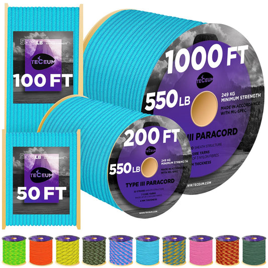 TECEUM Paracord Type III 550 Turquoise – 50 ft – 4mm – Tactical Rope MIL-SPEC – Outdoor para Cord –Camping Hiking Fishing Gear and Equipment – EDC Parachute Cord – Strong Survival Rope 150gd