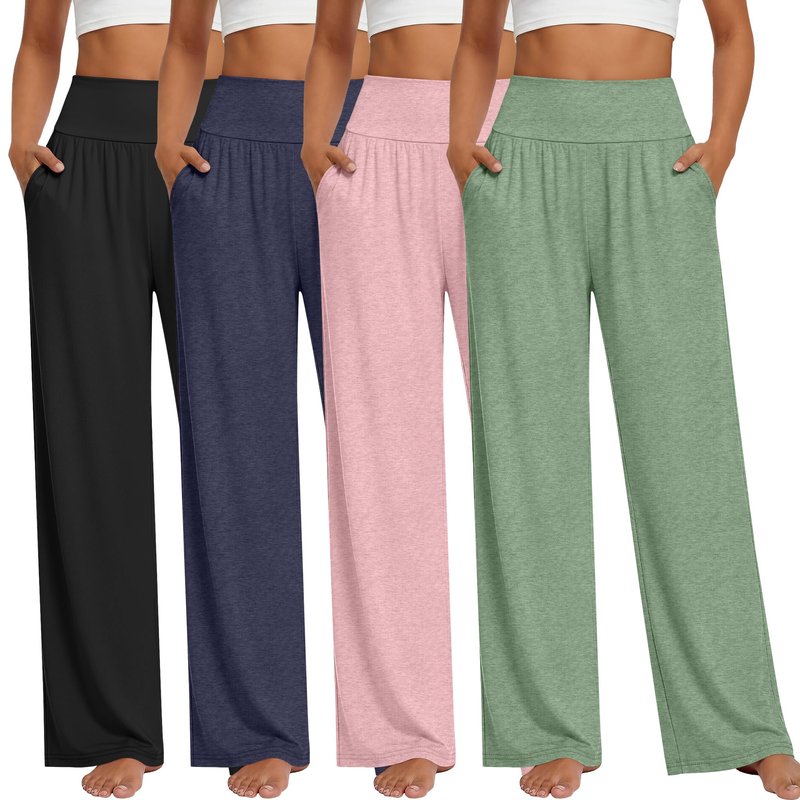 Neer 4 Pack Women's Wide Leg Yoga Pants High Waist Casual Sweatpants Loose Cozy Lounge Pajama Flowy Pants with Pockets(Black, Dark Blue, Turquoise, Pink,X-Large)