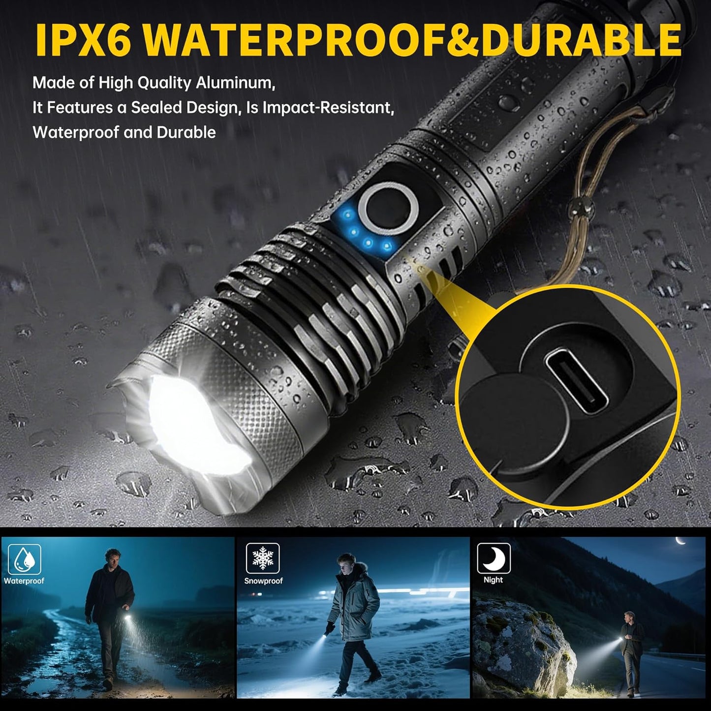 Rechargeable Flashlights - High Lumens LED Tactical Light | 5 Modes, Waterproof, Zoomable, 4-Pack for Home & Camping