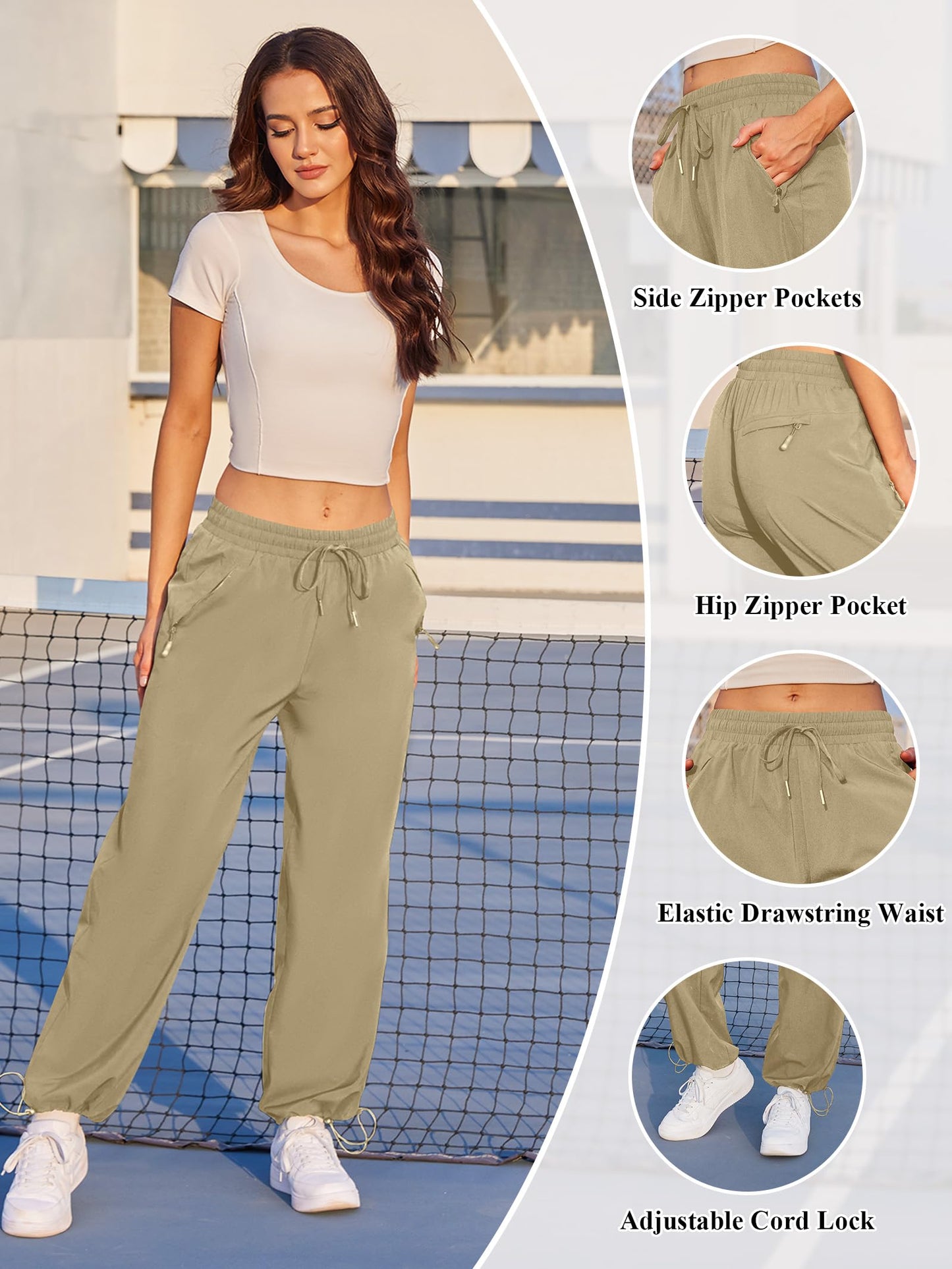 JEKAOYI Womens Athletic Hiking Pants Lightweight Quick Dry Water Resistant Elastic Waist Cargo Pants with Zipper Pockets Khaki