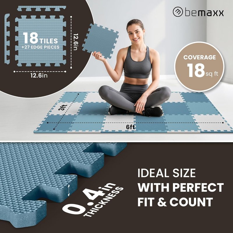 Gym Mats Set - 18 Pcs EVA Interlocking Foam Floor Tiles | 12.6"x12.6"x0.4" Protective Flooring for Home Workout, Exercise & Fitness