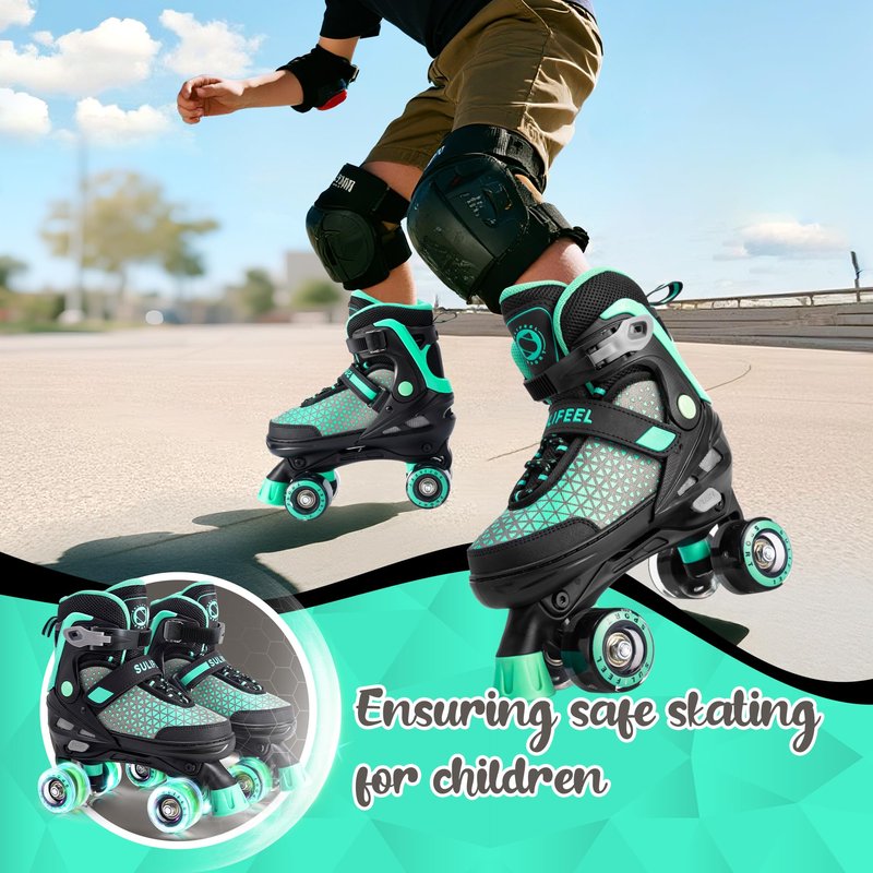 SULIFEEL 4 Sizes Adjustable Roller Skates for Kids, Quad Skates with Light up Wheels, Safe Fun Children Big Kids Skates for Ages 5-8, Best Gift for Beginners Outdoor Skates Sports (Mint Green, Medium)