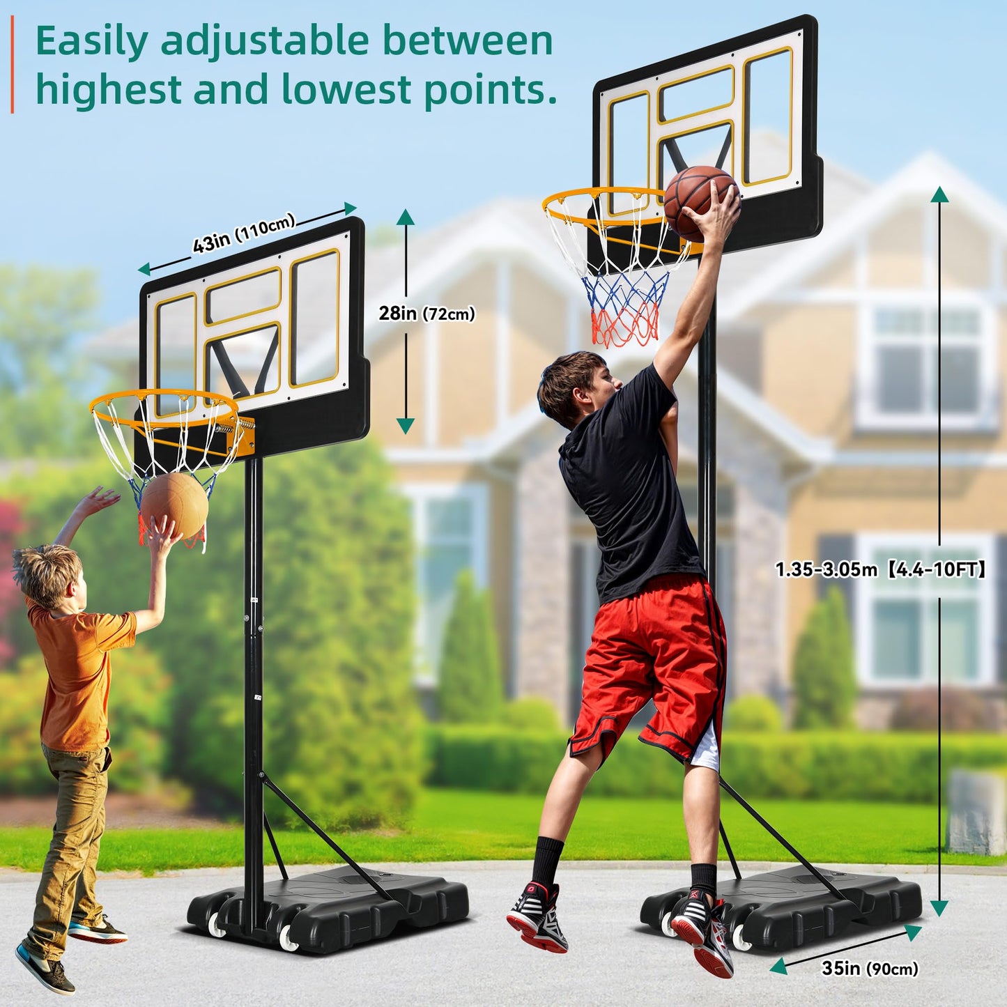 YITAHOME Basketball Hoop Outdoor 10 FT Adjustable, Portable Basketball Goals for Outside, 4.4-10FT Height Adjust, 44in Backboard and 18in Rim