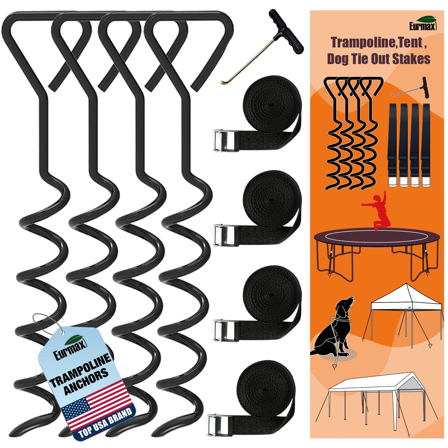 EURMAX USA 4-Pack Windproof Trampoline Stakes Anchor Kit-Steel Corkscrew Anchor,Heavy Duty Tie Down Kit with T-Hook&Reinforced Safety Straps,Secure Weatherproof Protection for Trampoline,Tent&Playset