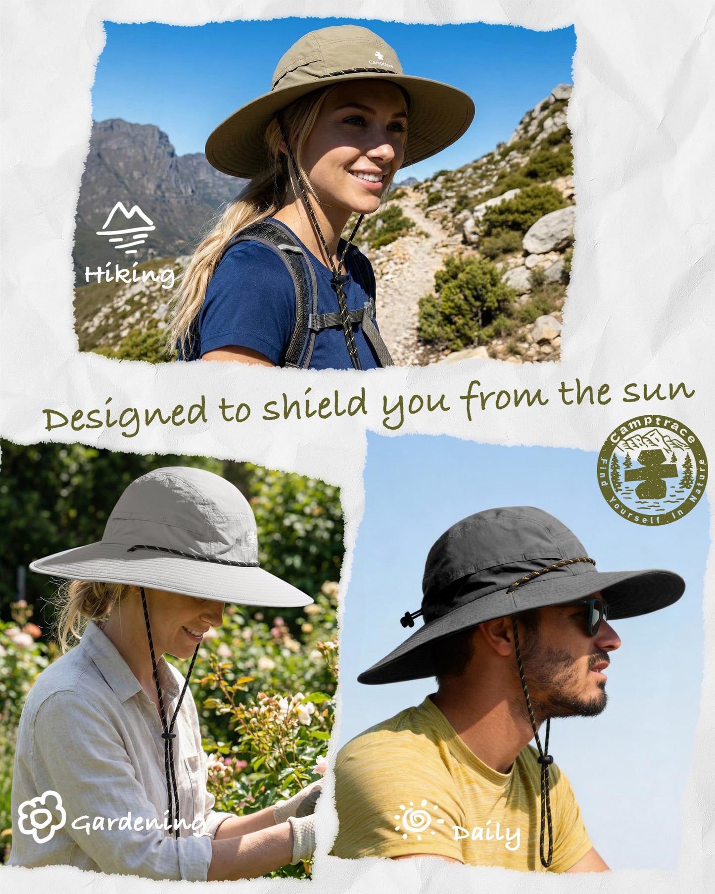 Camptrace Sun Hats for Women Men UPF 80+ Wide Brim Bucket Hat Foldable, Adjustable for Hiking, Gardening, Travel Khaki