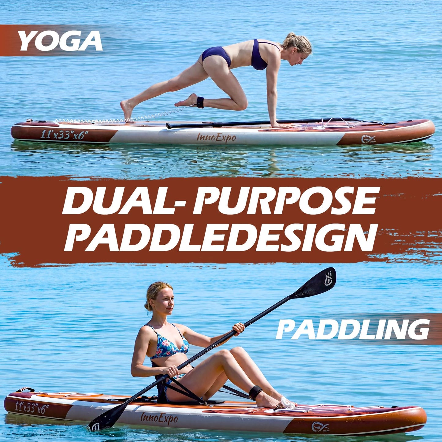 InnoExpo 11' Inflatable Stand Up Paddle Boards with Premium Accessories, Wide Stable SUP Paddle Board Design, Non-Slip Comfort Deck for Youth & Adults (Timber/Kayak Seat)
