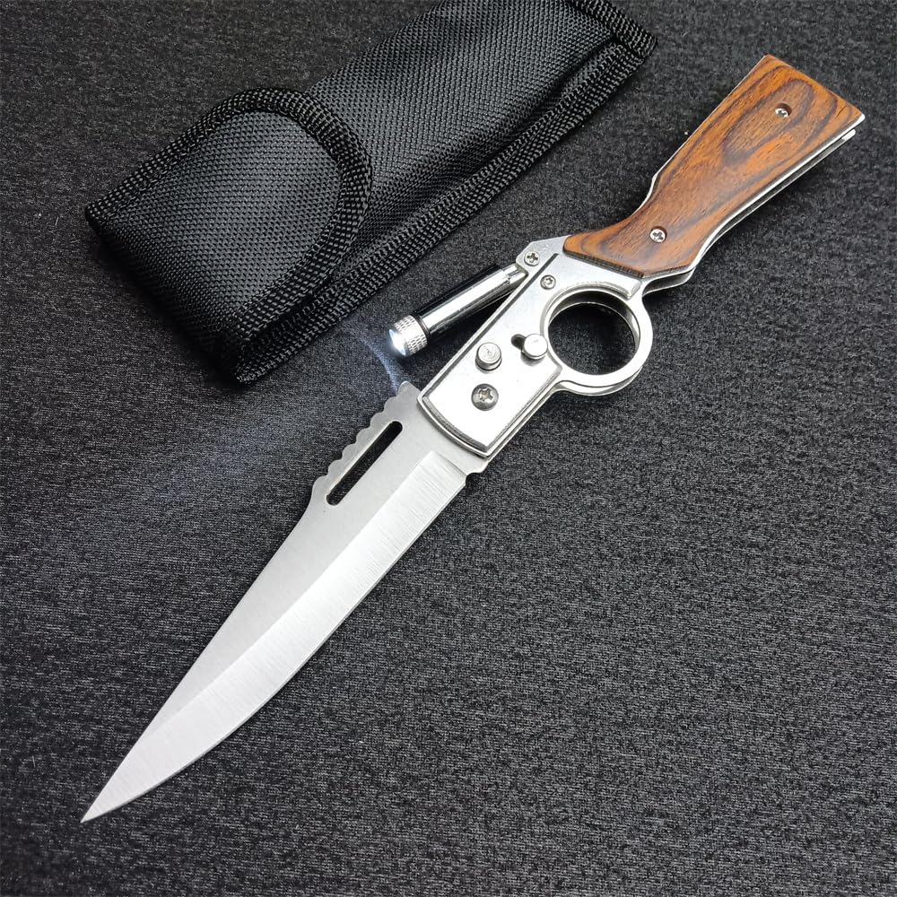 AK47 Flipper Pocket Folding Knife Push Button Lock Knife，Stainless Steel Blade，Wooden Handle and Pocket Clip，Protable Knife with LED Light for Men's Gift，Camping Survival EDC Knives