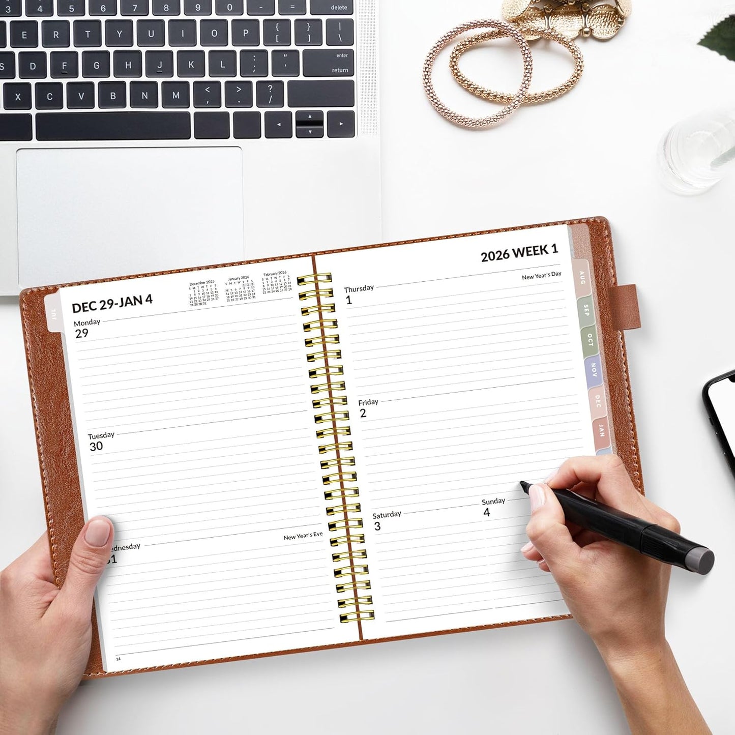 Weekly & Monthly Planner 2026 - Vegan Leather Cover, Pocket, Bookmark | 6.4"x8.5", Brown