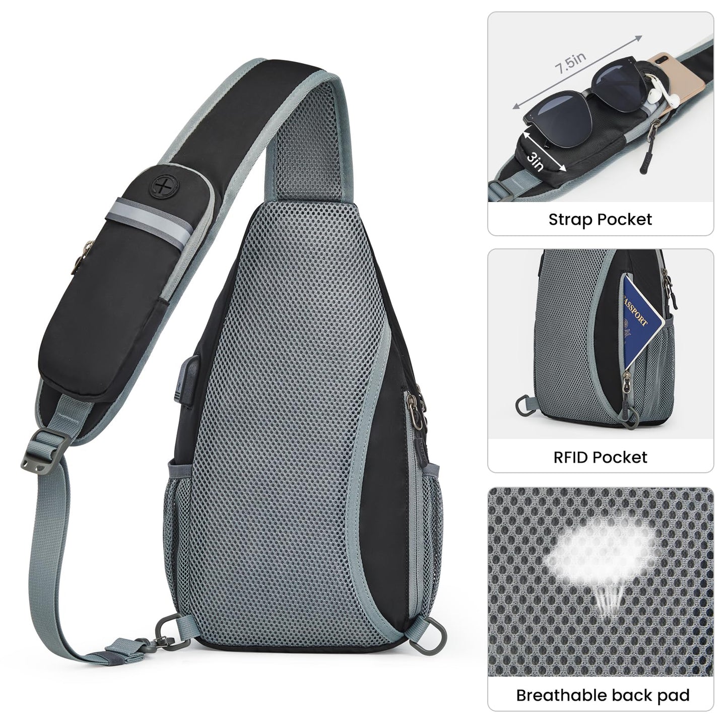 G4Free Sling Bag RFID Crossbody Sling Backpack with USB Charging Port, Travel Hiking Daypack Shoulder Chest Bag for Women Men(Black)