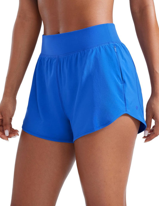 CRZ YOGA Mid Flat Waisted Running Shorts for Women 3" - Mesh Liner Quick Dry for Workout Sport Athletic with Zipper Pocket Sparkle Blue Medium