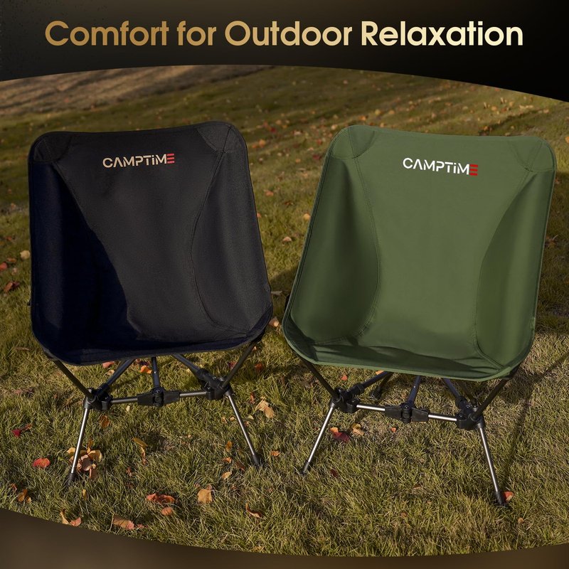 Camptime Portable Camping Chair, Lightweight Compact Backpacking Chair with Side Pocket, Wide Seat Folding Chair for Camping, Hiking, Beach - Supports 330Lbs, Black
