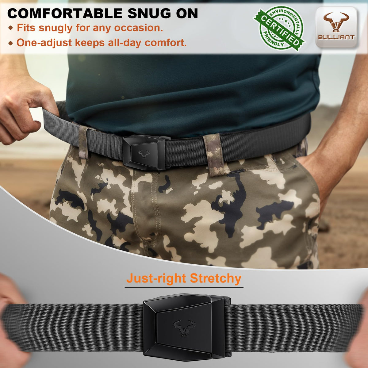 BULLIANT Men Tactical Belt 2 Pack,Stretch Western Rigger Web Belt For Cowboy Military Heavy Duty 1.5"-Cut For Fit(Black/Dark Gray,34"-38" Waist Adjustable)