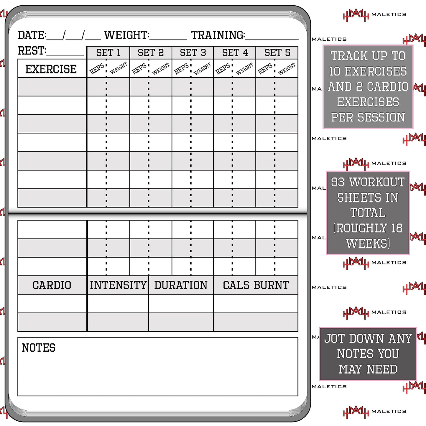 MaLetics – A6 Pocket Fitness Journal – Set 15 Goals, Track 93 Workouts, Measure Progress & Log 24 Personal Records – Sweatproof Design, Daily Planner & Exercise Log Book For Men & Women - Pink