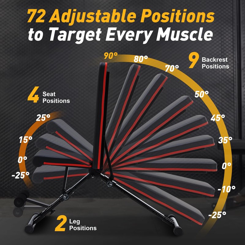 Aidoly Adjustable Weight Bench, Workout Bench 795 lbs Capacity with 72 Multi-Position Settings, Foldable Incline Decline Flat Exercise Bench for Bench Press, Sit Up, and Strength Training