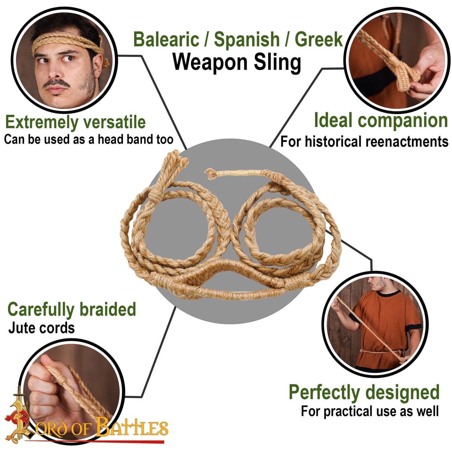 Lord of Battles Balearic Roman Greek Sling Handcrafted Braided Cords Throwing Slingshot for Historical Reenactments (Jute Sling)