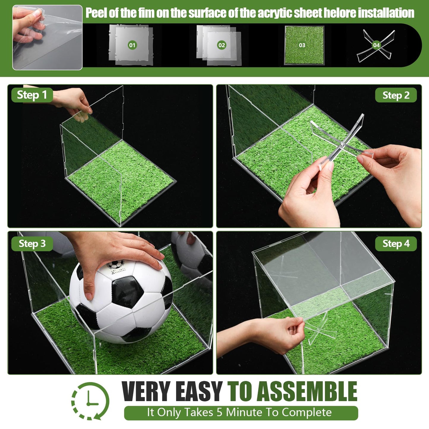 Novabright Soccer Ball Display Case Transparent Acrylic Full Size Soccer Ball Display Holder with Grass Turf Self Assembly Acrylic Case Protection Dustproof Showcase
