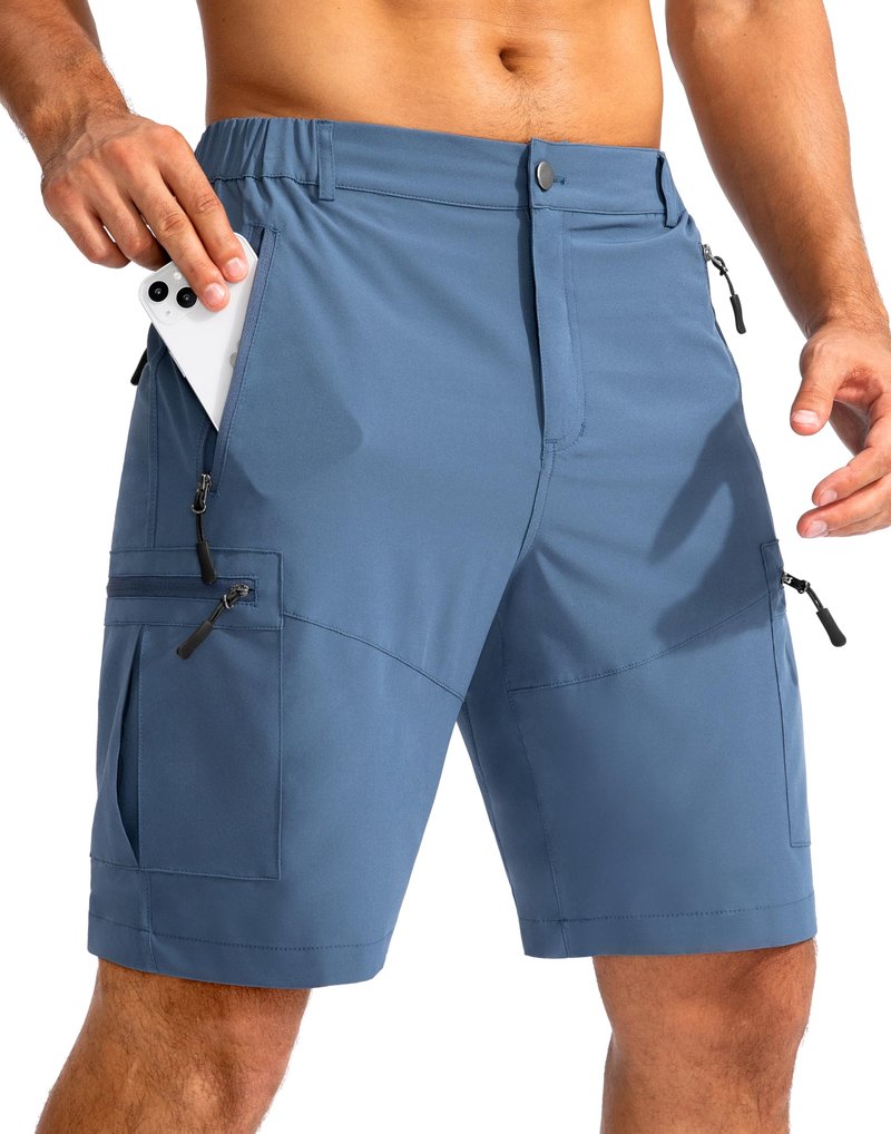 Pudolla Men's Hiking Cargo Shorts 9" Lightweight Outdoor Work Shorts for Men Travel Golf Camping Casual with 5 Zipper Pockets(Blue Large)