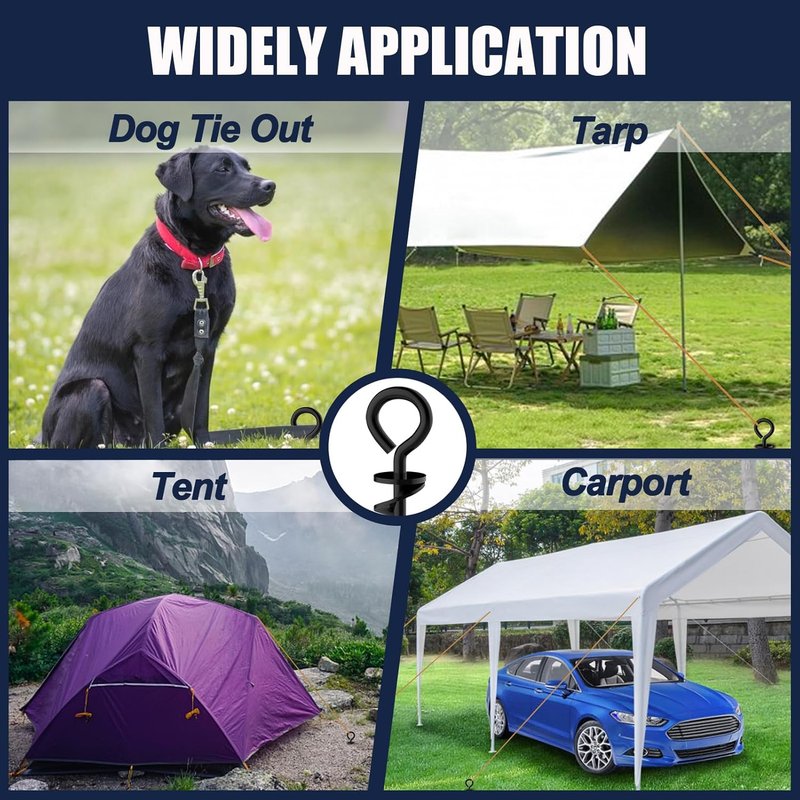 Heavy Duty Ground Stakes - Industrial Grade Spiral Steel Screw-In Anchors | 4 Pack with Bonus Tie-Down Ropes for Trampolines, Canopies, Outdoor Sheds - Black