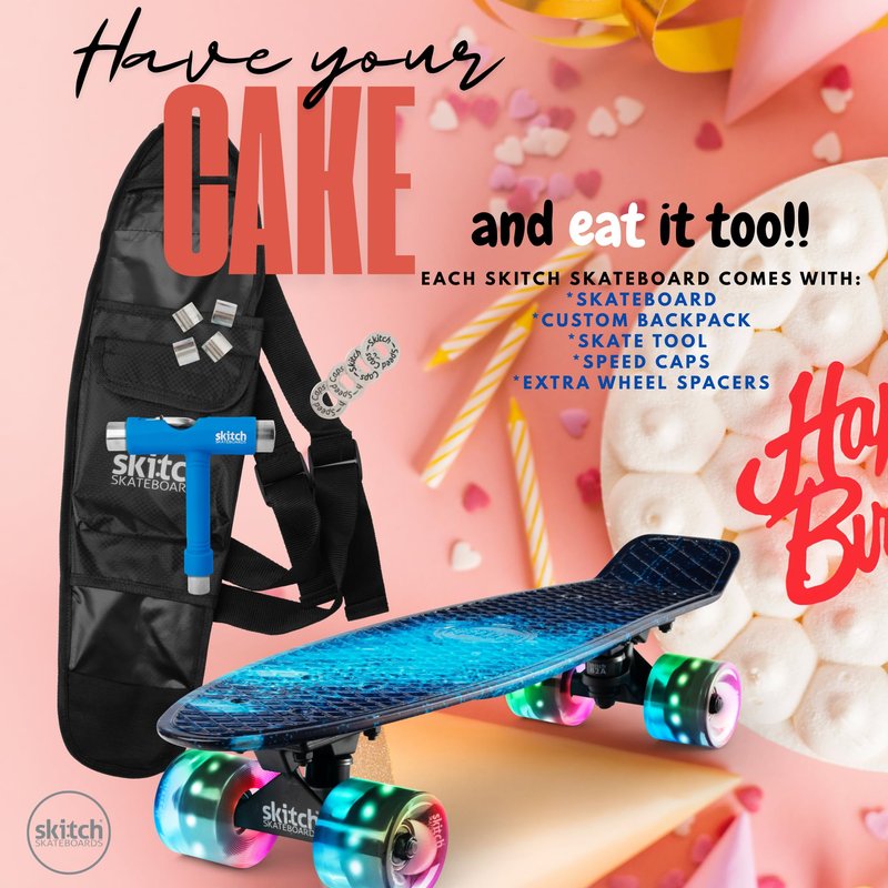 SKITCH Complete Skateboards for Kids Ages 6-12 Beginners Boys Year Old Children Youth Gift Set 22 Inch Penny Board Mini Cruiser ABEC 9 Bearings Skateboard Backpack Bag Skate Tool (Blue Galaxy LED+)