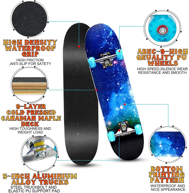 Skateboards with Colorful Flashing Wheels for Beginners,Kids,Teens,Adults, Complete Standard Skate Boards 7 Layer Maple Deck Concave Skateboard