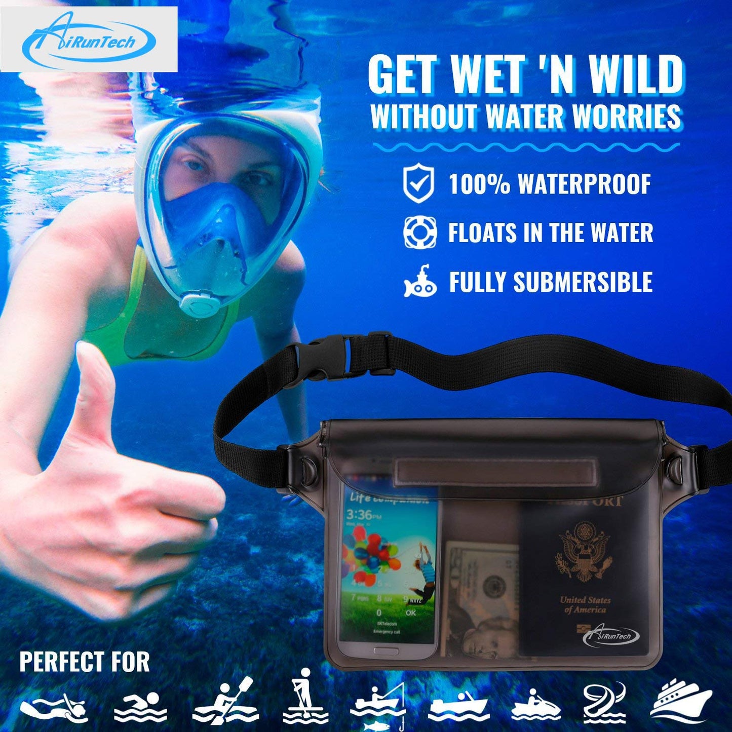 AiRunTech Waterproof Pouch with Waist Strap (2 Pack) | Beach Accessories Best Way to Keep Your Phone and Valuables Safe and Dry | Perfect for Boating Swimming Snorkeling Kayaking Beach Pool(Grey+Blue)