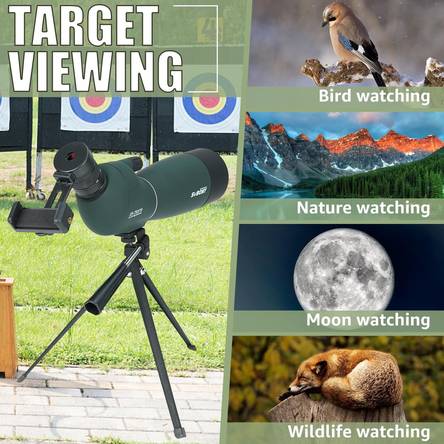 SVBONY SV28 Plus Spotting Scopes with Tripod, 25-75x70 Angled Spotter Scope with Phone Adapter, IP65 Waterproof Fogproof Long Range Spotting Scope for Target Shooting, Birding