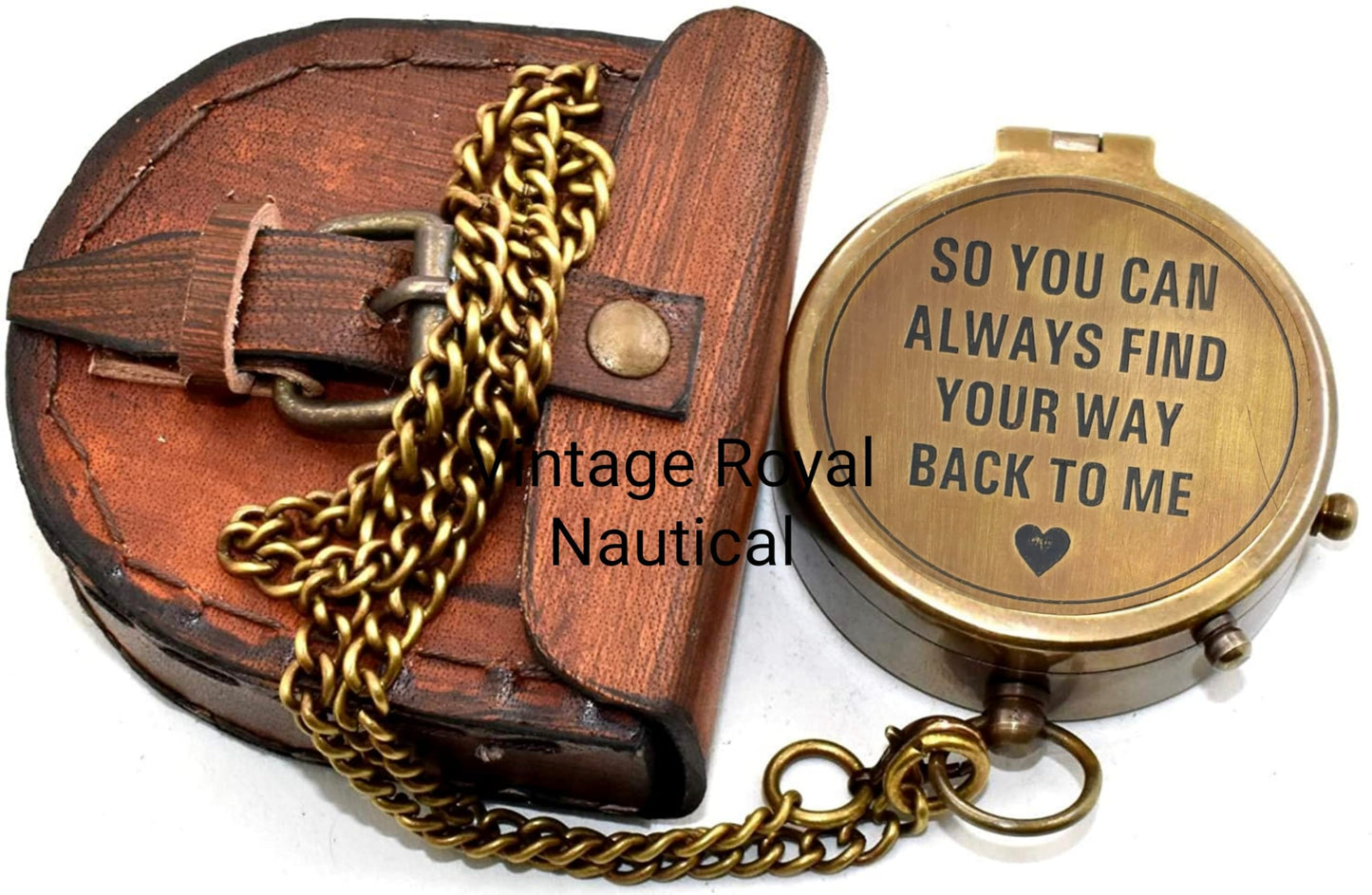 AASIYA Brass Chain Compass with Leather Case for Hiking and Camping - Engraved Pocket Compass - Vintage Navigation Tool