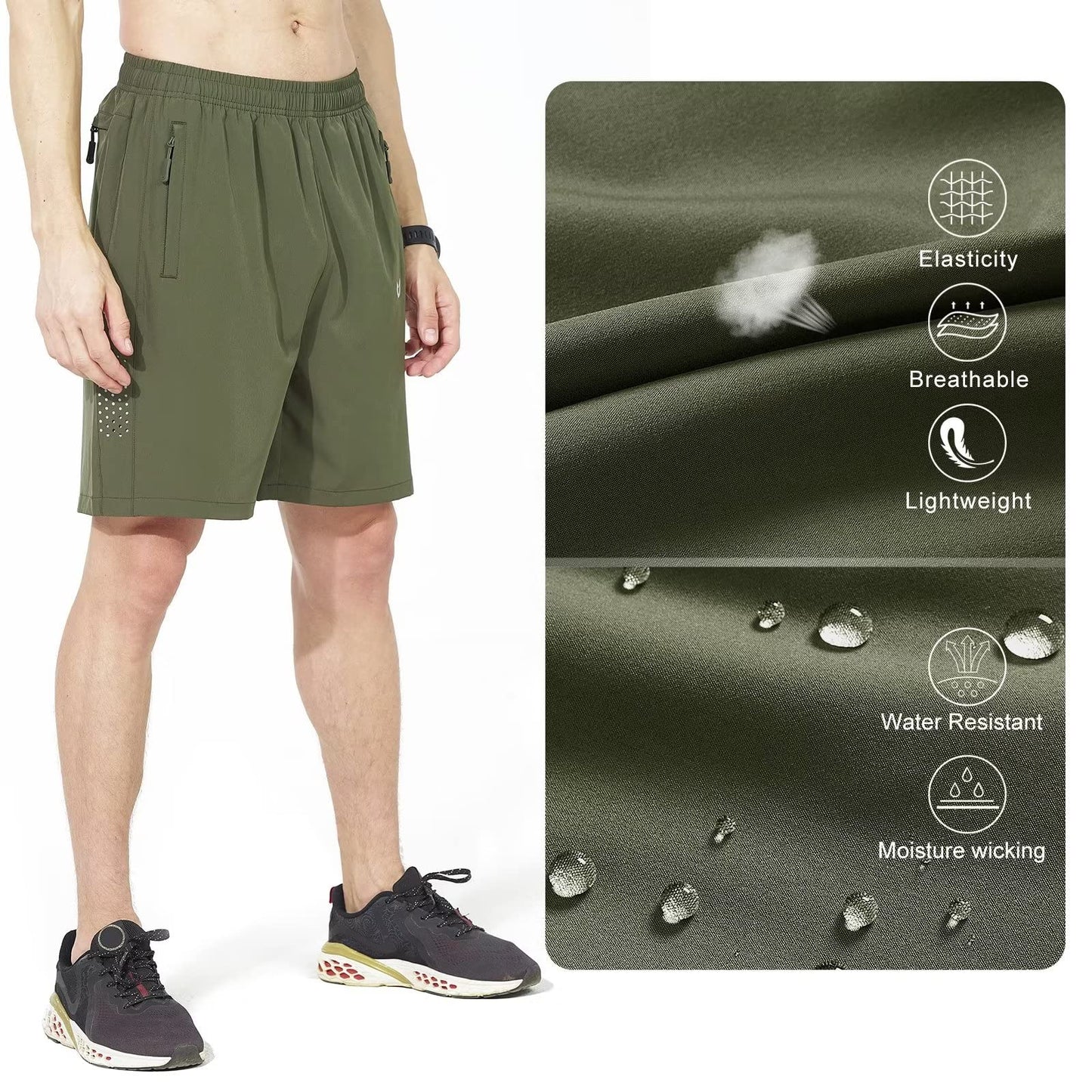 NORTHYARD Men's Athletic Running Shorts Gym Workout 7"/9"/5" Quick Dry Lightweight Sports Basketball Tennis 3 Zipper Pockets ArmyGreen 2XL