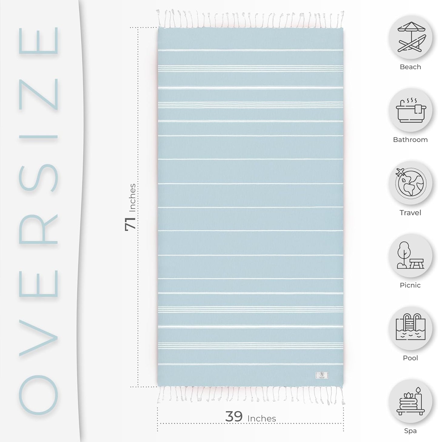 Turkish Beach Towel - Quick Dry Oversized (39" x 71") | Versatile Travel Blanket, Gym, Pool, Yoga - Baby Blue