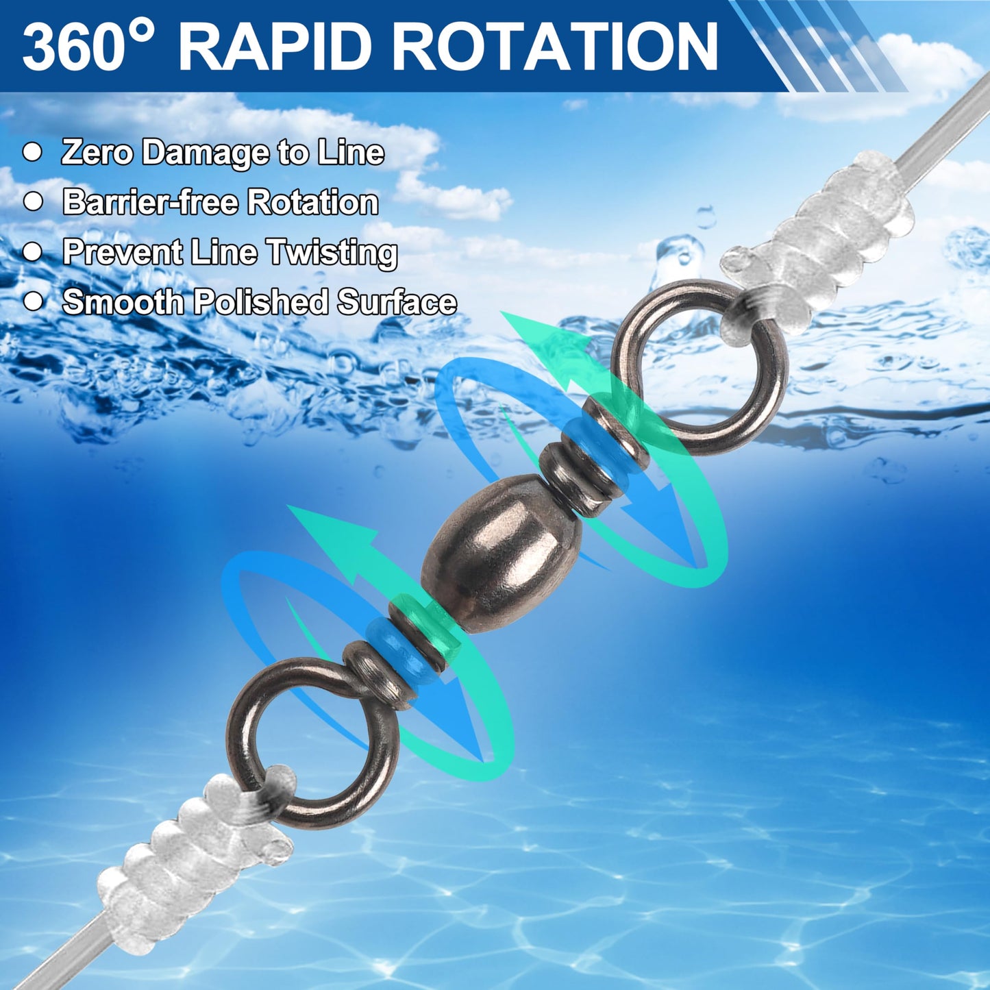 Fishing Barrel Swivels - 50/100 pcs Rolling Ball Fishing Swivel with Solid Ring Fishing Tackle Accessories Hook Line Connector Copper with Stainless Steel Black Nickle Coated Test Strength 35 - 165lbs