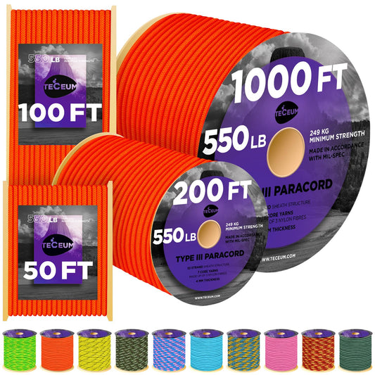 TECEUM Paracord Type III 550 Soffit Orange – 50 ft – 4mm – Tactical Rope MIL-SPEC – Outdoor para Cord –Camping Hiking Fishing Gear and Equipment – EDC Parachute Cord – Strong Survival Rope 345b