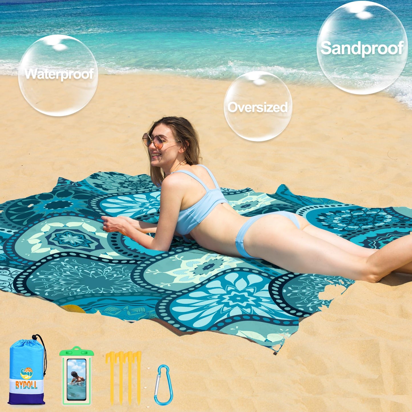 BYDOLL Beach Blanket 78''×81'' 1-5 Adults Waterproof Sandproof Oversized Lightweight Beach Blanket Large Picnic Mat Beach Blanket for Beach Travel Camping Hiking Picnic