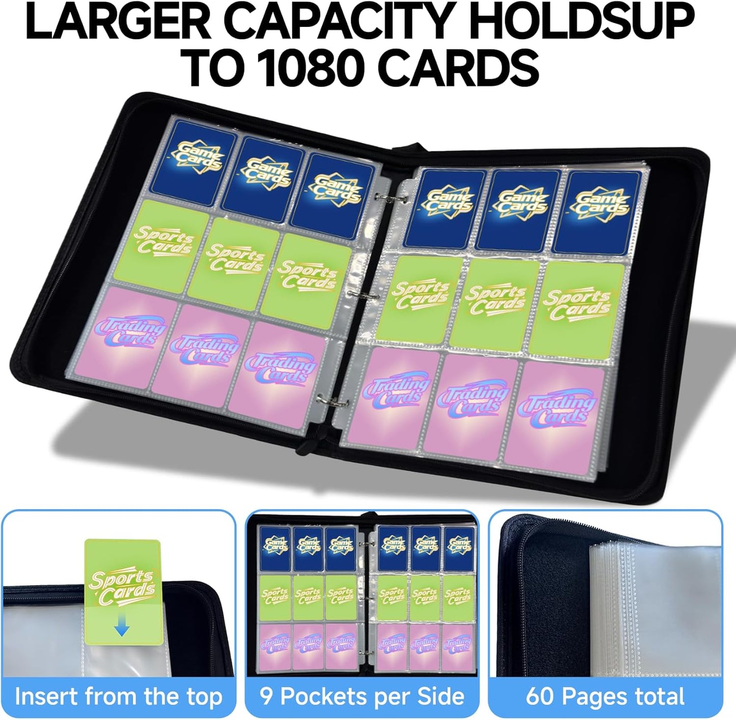 9 Pocket Trading Card Binder - Holds 1080 Cards | Premium Zipper Top Loader Album for MTG, TCG, Baseball & Sports Cards