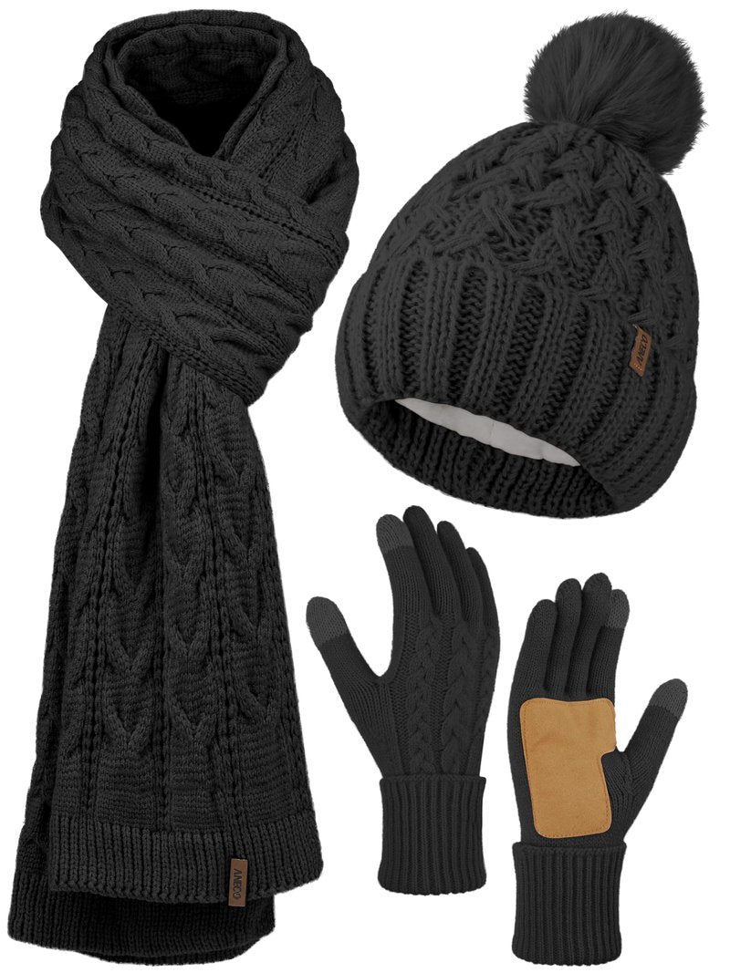 Aneco Women Winter Beanie Hat Scarf Gloves with Pom Pom Fleece Lined Touchscreen Gloves Set Thick Warm Knit Cap 3-in-1 Set Black
